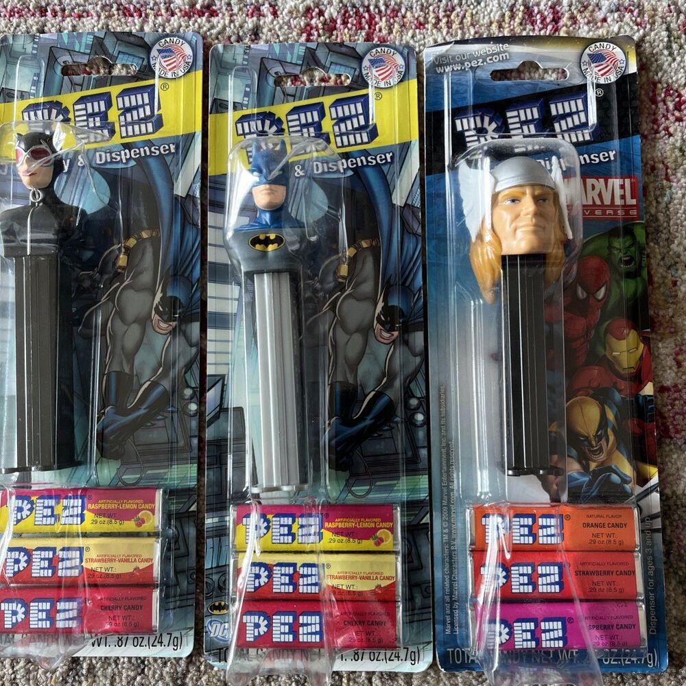 Batman, Cat Woman & Thor Dispensers In Original Packages Marvel, DC, Warner Bros
